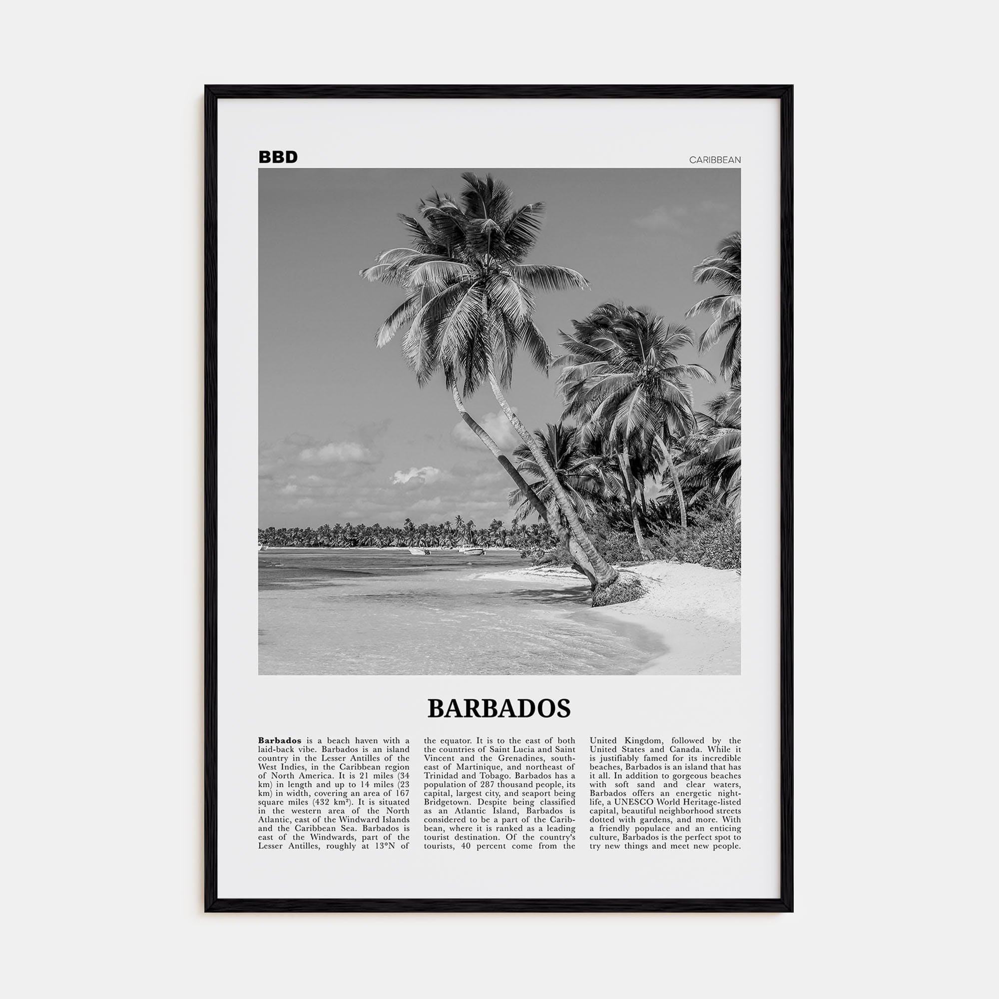 Barbados No 1 Poster Black Wood / 8x12 in Nbourhood Travel B&W Poster