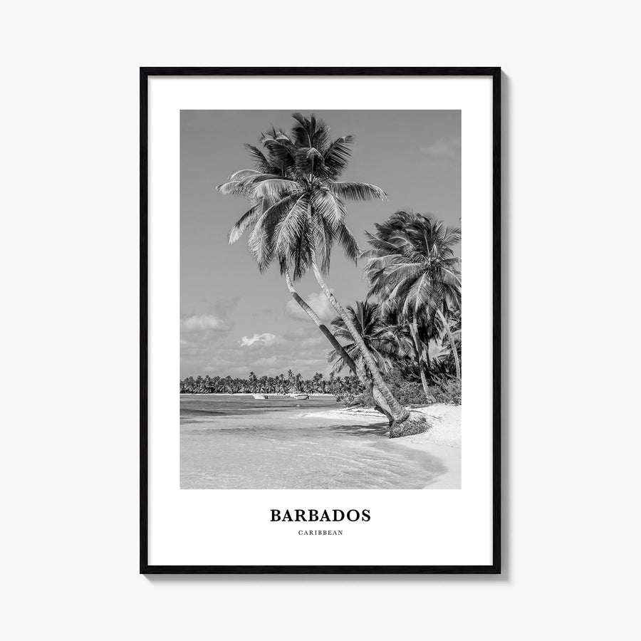 Barbados no. 2 black & white classic poster of Caribbean – vertical wall art, unframed print shown in interior mockup