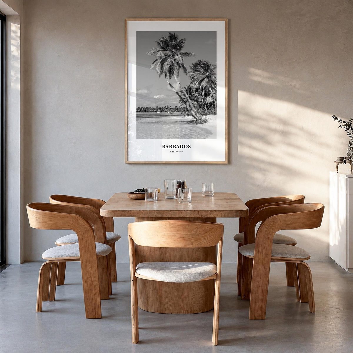 Barbados no. 2 black & white classic poster of Caribbean – vertical wall art in natural wood frame, hanging on wall