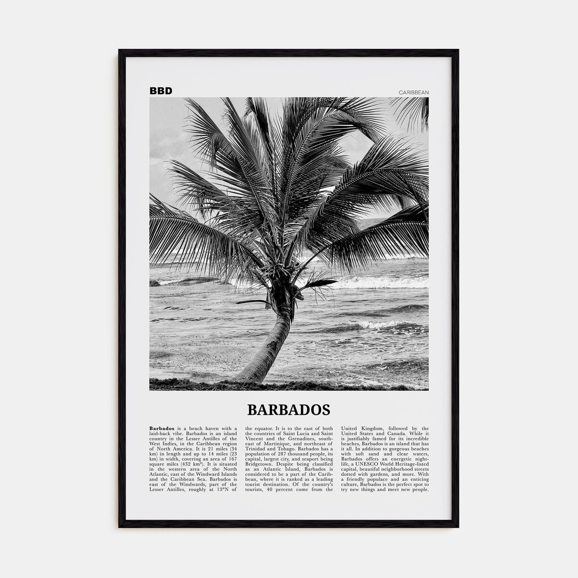 Barbados No 2 Poster Black Wood / 8x12 in Nbourhood Travel B&W Poster