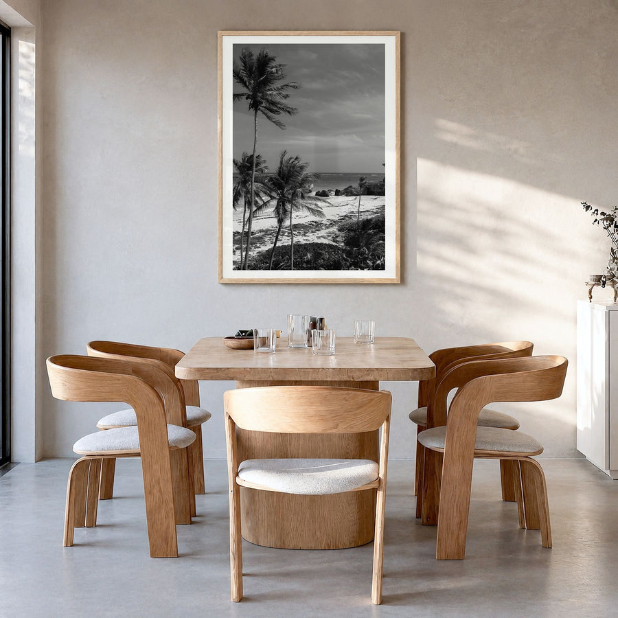 Barbados Photo Poster in a natural wood frame, hanging in a dining room, white border