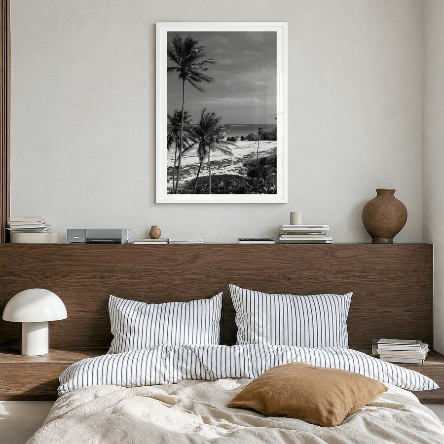 Barbados Photo Poster in a white wood frame, hanging in a bedroom, white border