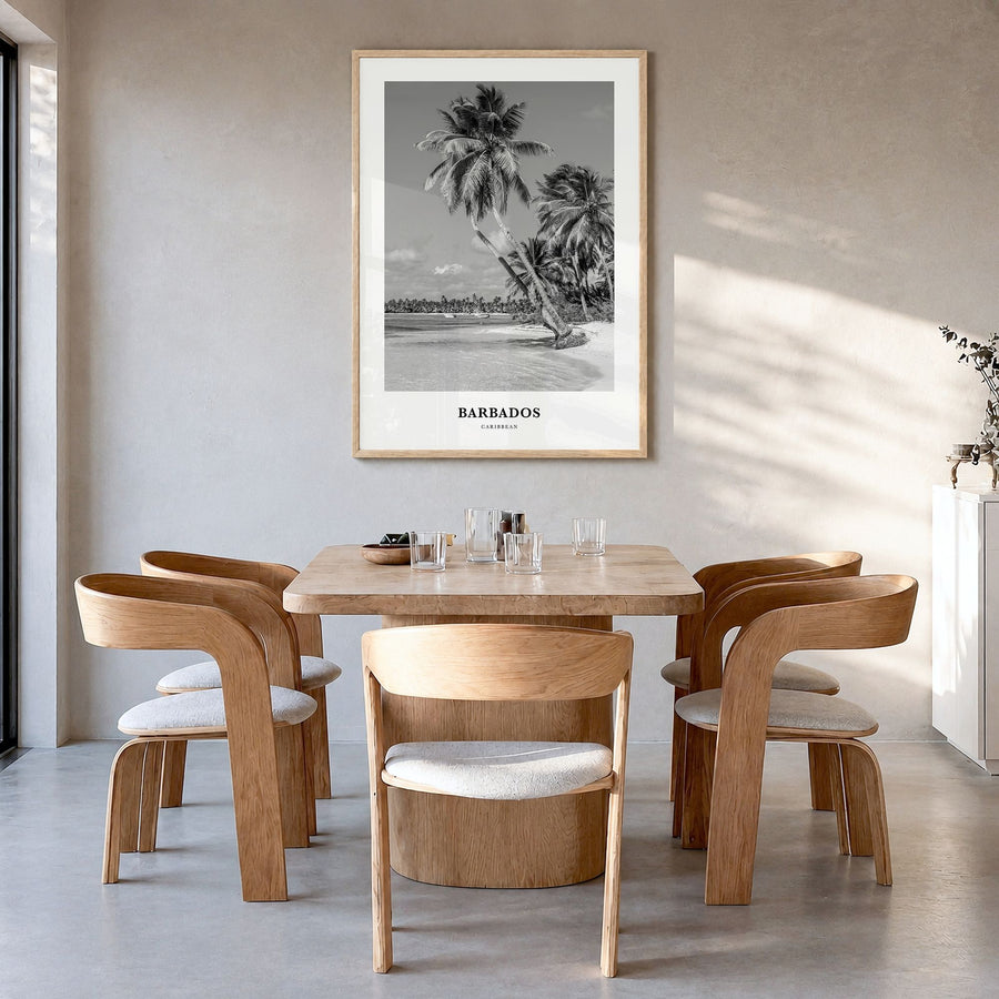 Barbados Classic No 2 Poster in a natural wood frame, hanging in a dining room
