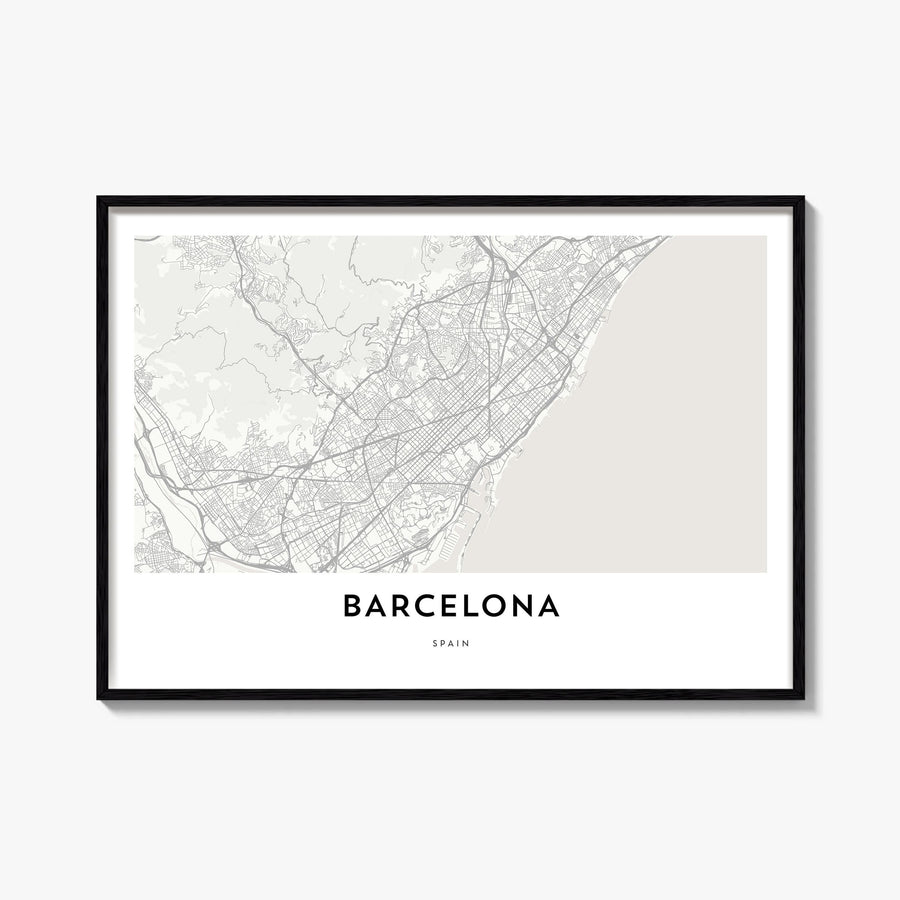 Barcelona black & white map poster of Spain – horizontal wall art, unframed print shown in interior mockup