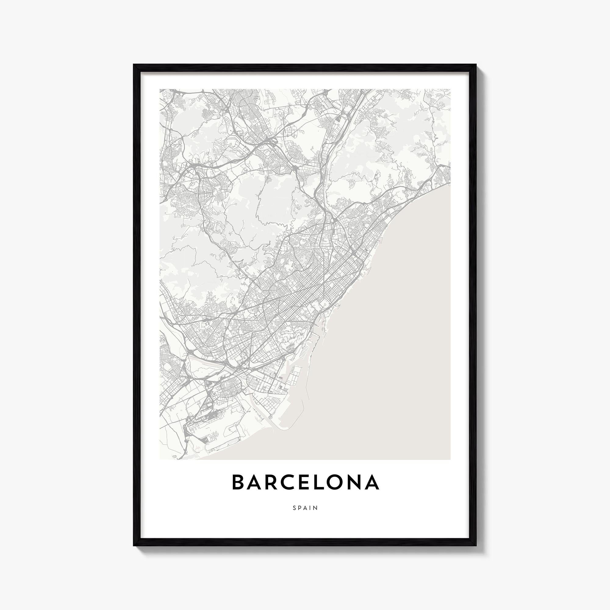 Barcelona black & white map poster of Spain – vertical wall art, unframed print shown in interior mockup