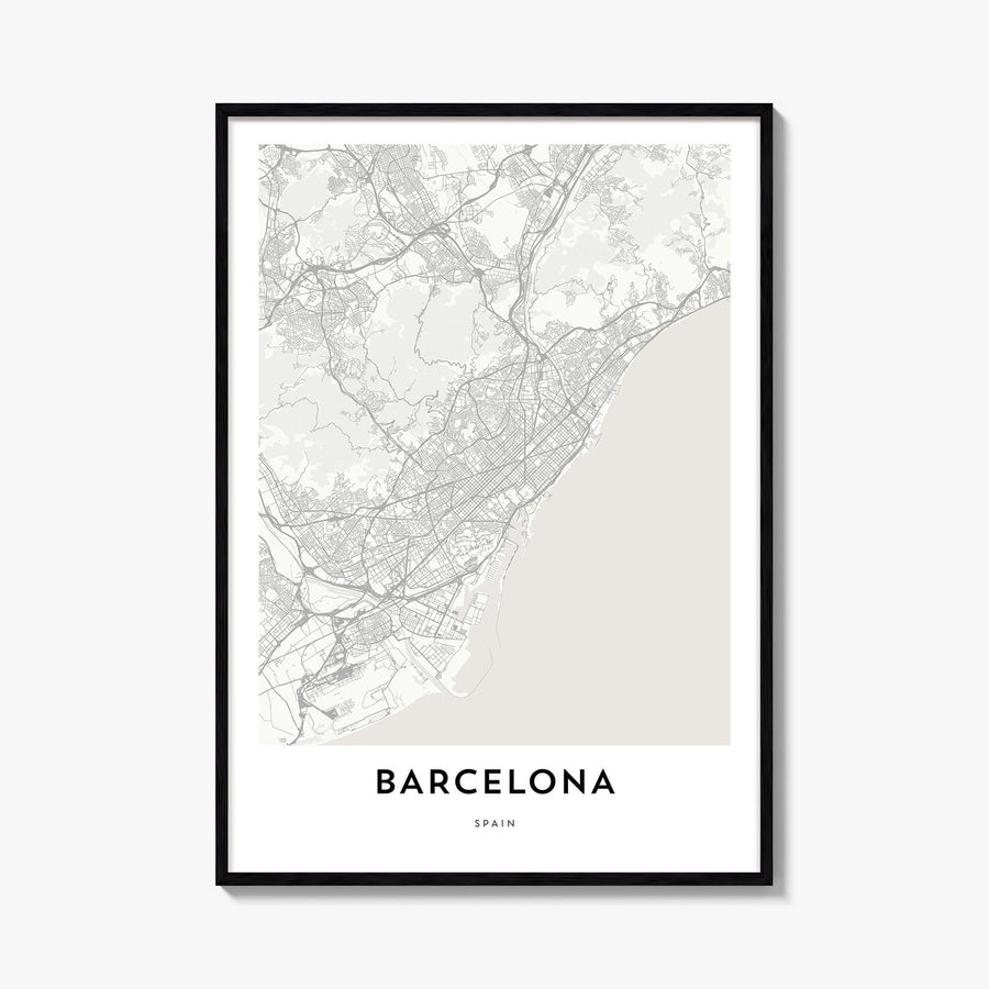 Barcelona black & white map poster of Spain – vertical wall art, unframed print shown in interior mockup