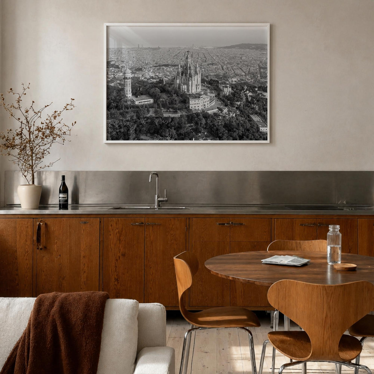 Barcelona black & white photo poster of Spain – horizontal wall art in white wood frame, hanging on wall