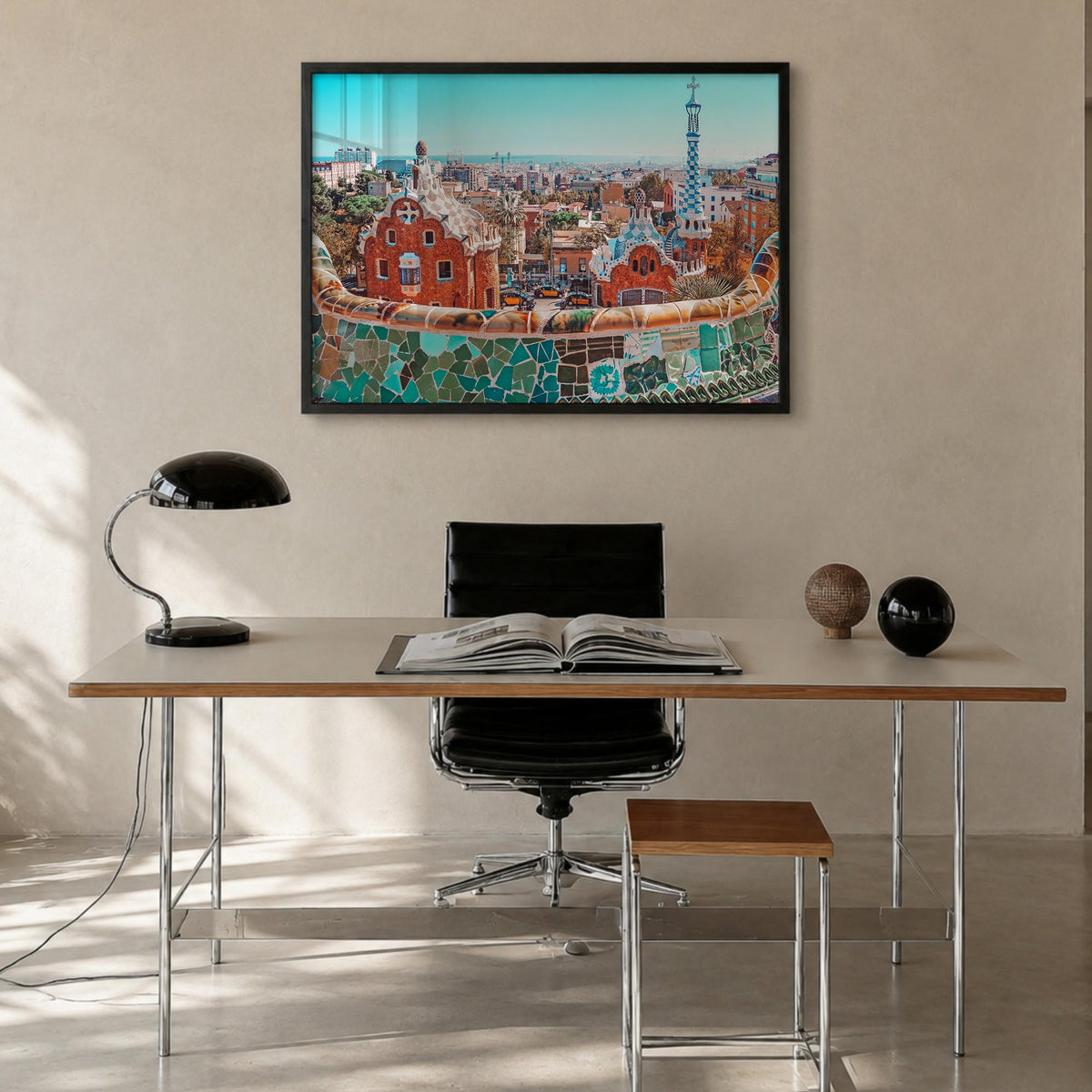 Barcelona colorful photo poster of Spain – horizontal wall art in black wood frame, hanging on wall