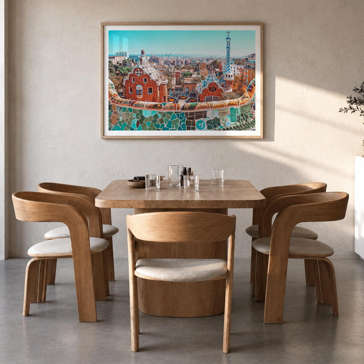 Barcelona colorful photo poster of Spain – horizontal wall art in natural wood frame with white border, hanging on wall