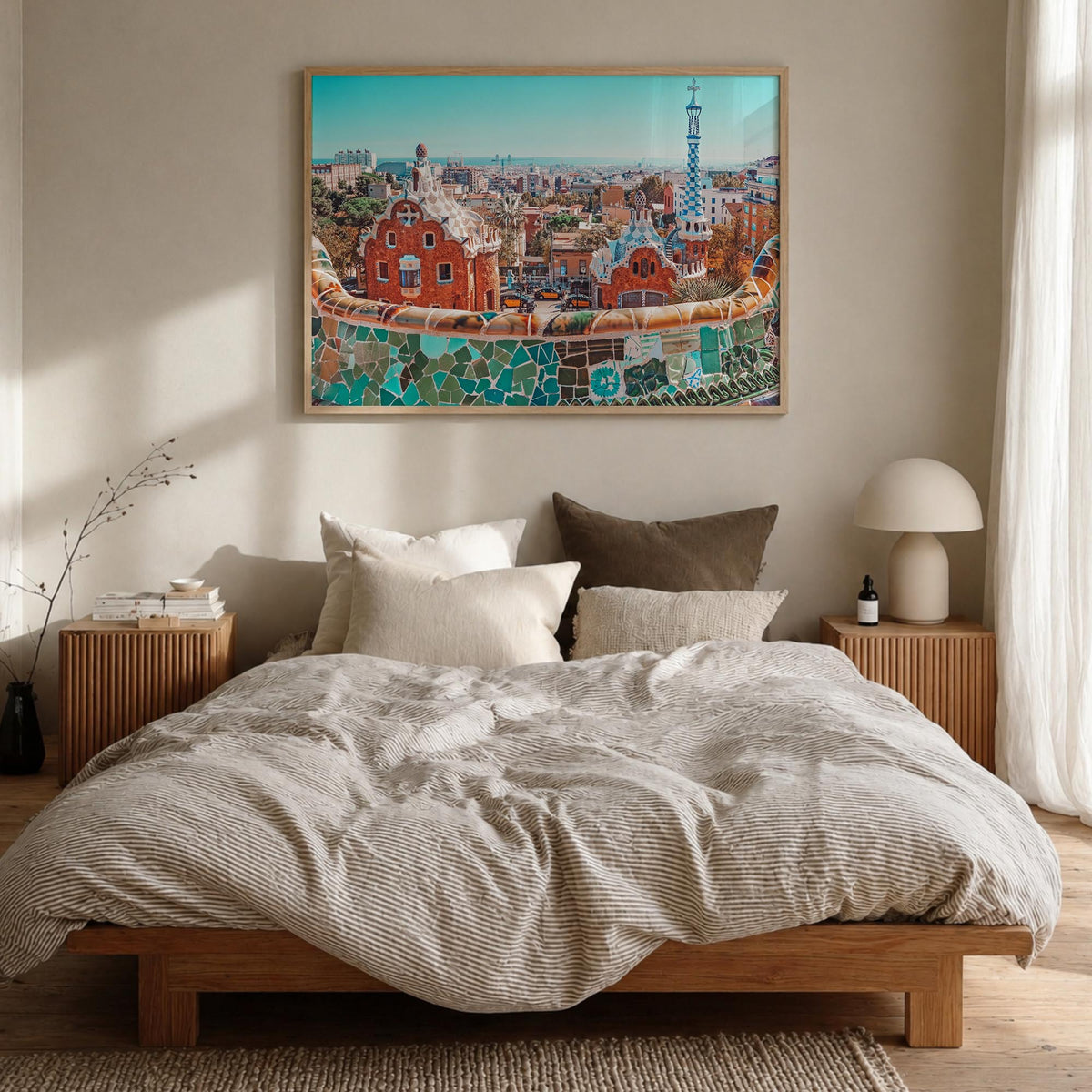 Barcelona colorful photo poster of Spain – horizontal wall art in natural wood frame, hanging on wall