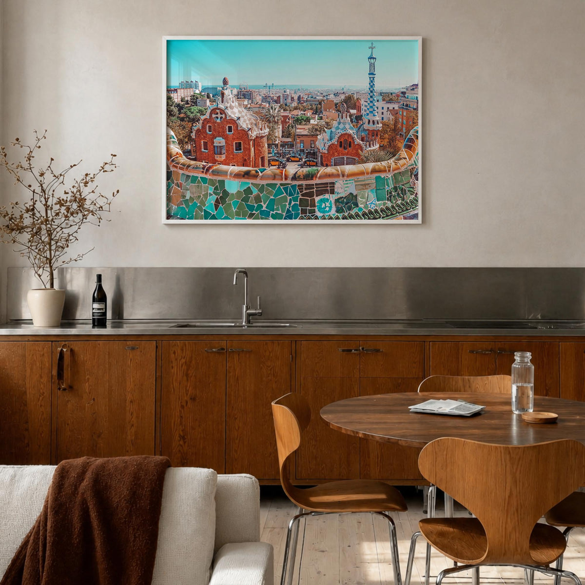 Barcelona colorful photo poster of Spain – horizontal wall art in white wood frame, hanging on wall
