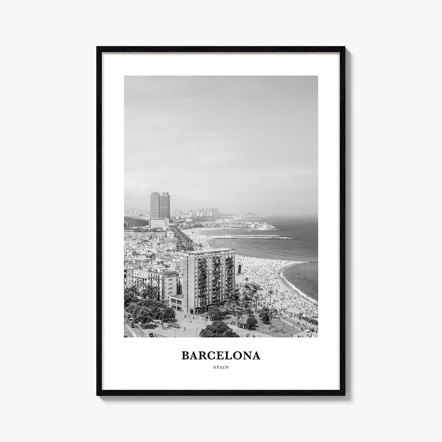 Barcelona no. 1 black & white classic poster of Spain – vertical wall art, unframed print shown in interior mockup