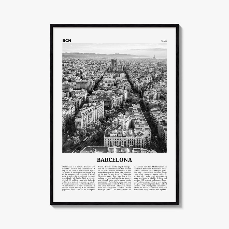 Barcelona no. 1 black & white newspaper poster of Spain – vertical wall art, unframed print shown in interior mockup