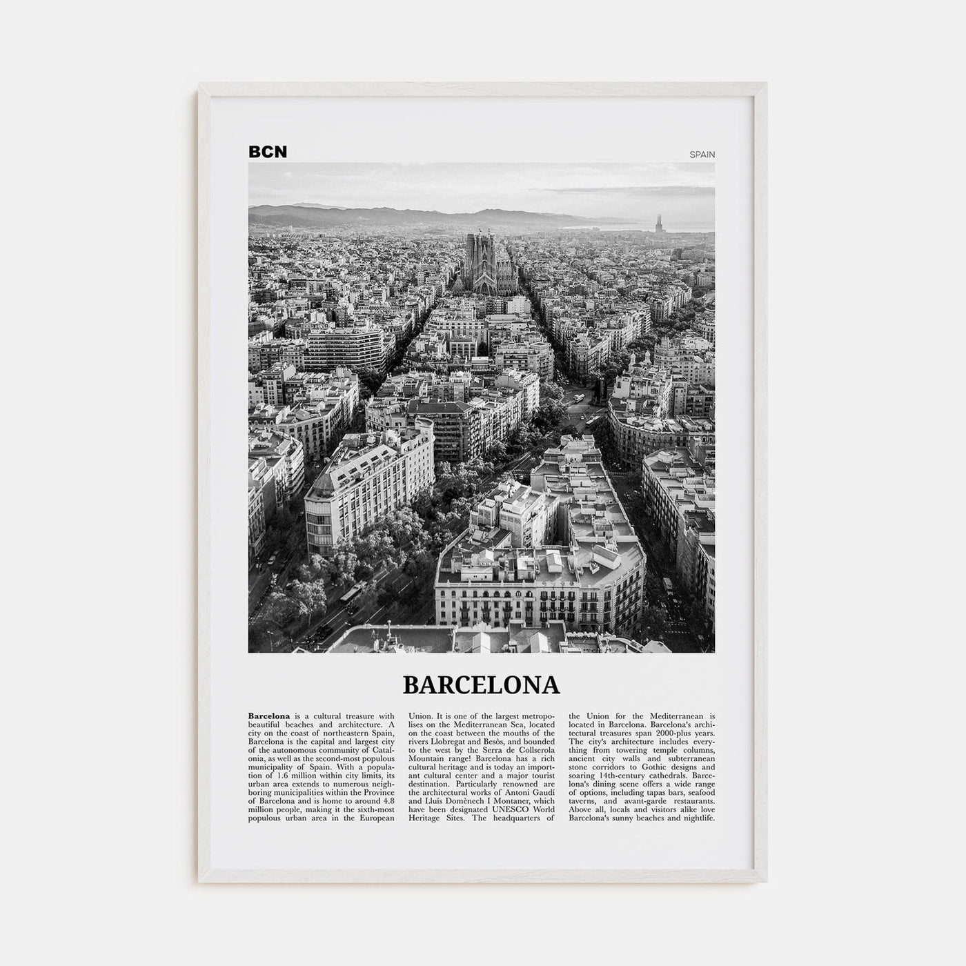 Barcelona No 1 Poster White Wood / 8x12 in Nbourhood Travel B&W Poster