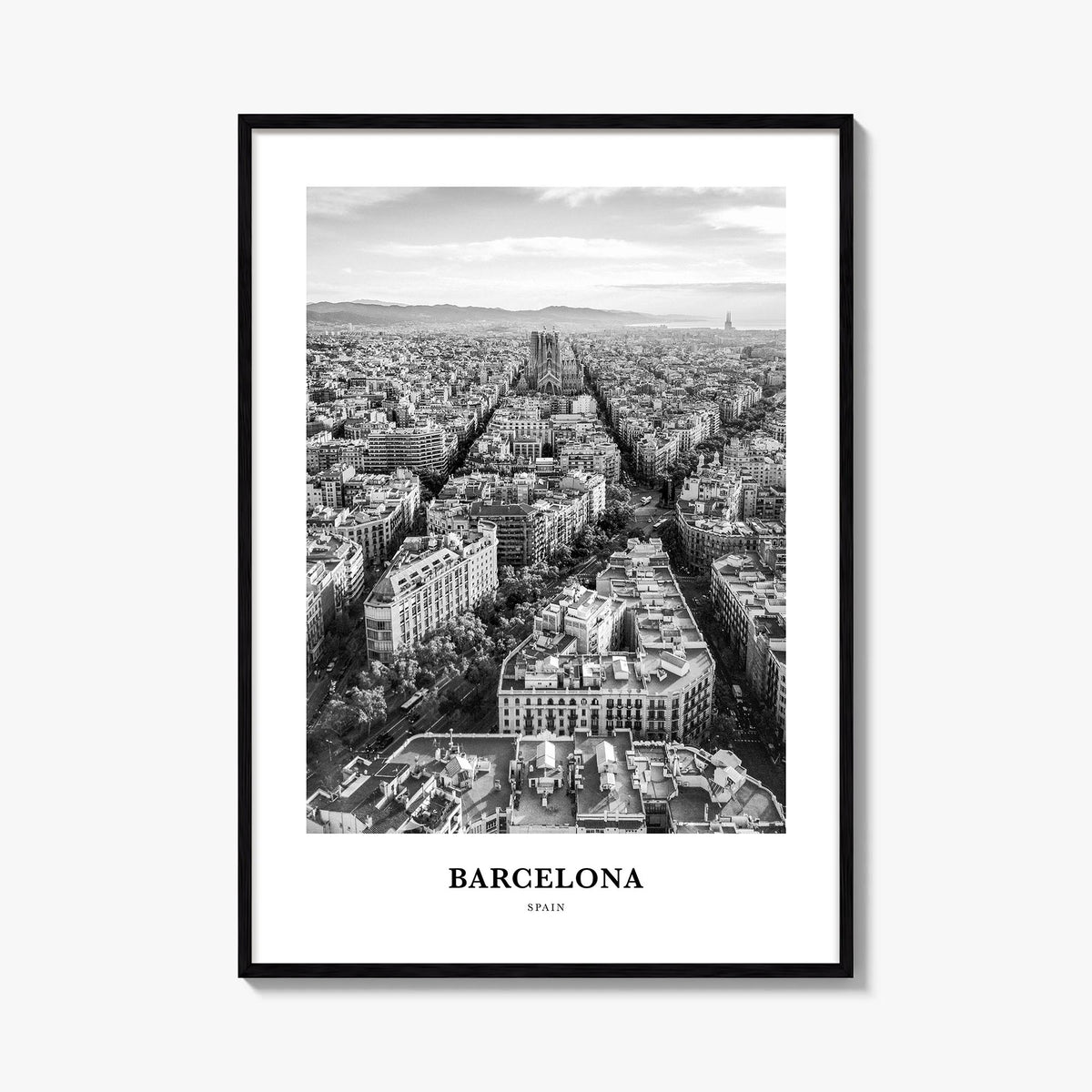 Barcelona no. 2 black & white classic poster of Spain – vertical wall art, unframed print shown in interior mockup