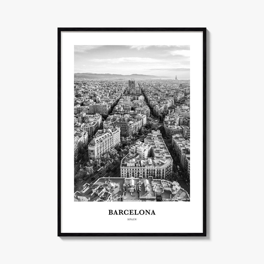 Barcelona no. 2 black & white classic poster of Spain – vertical wall art, unframed print shown in interior mockup
