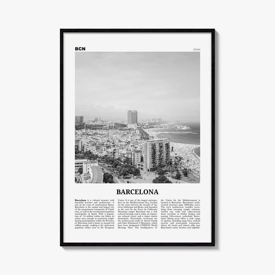Barcelona no. 2 black & white newspaper poster of Spain – vertical wall art, unframed print shown in interior mockup