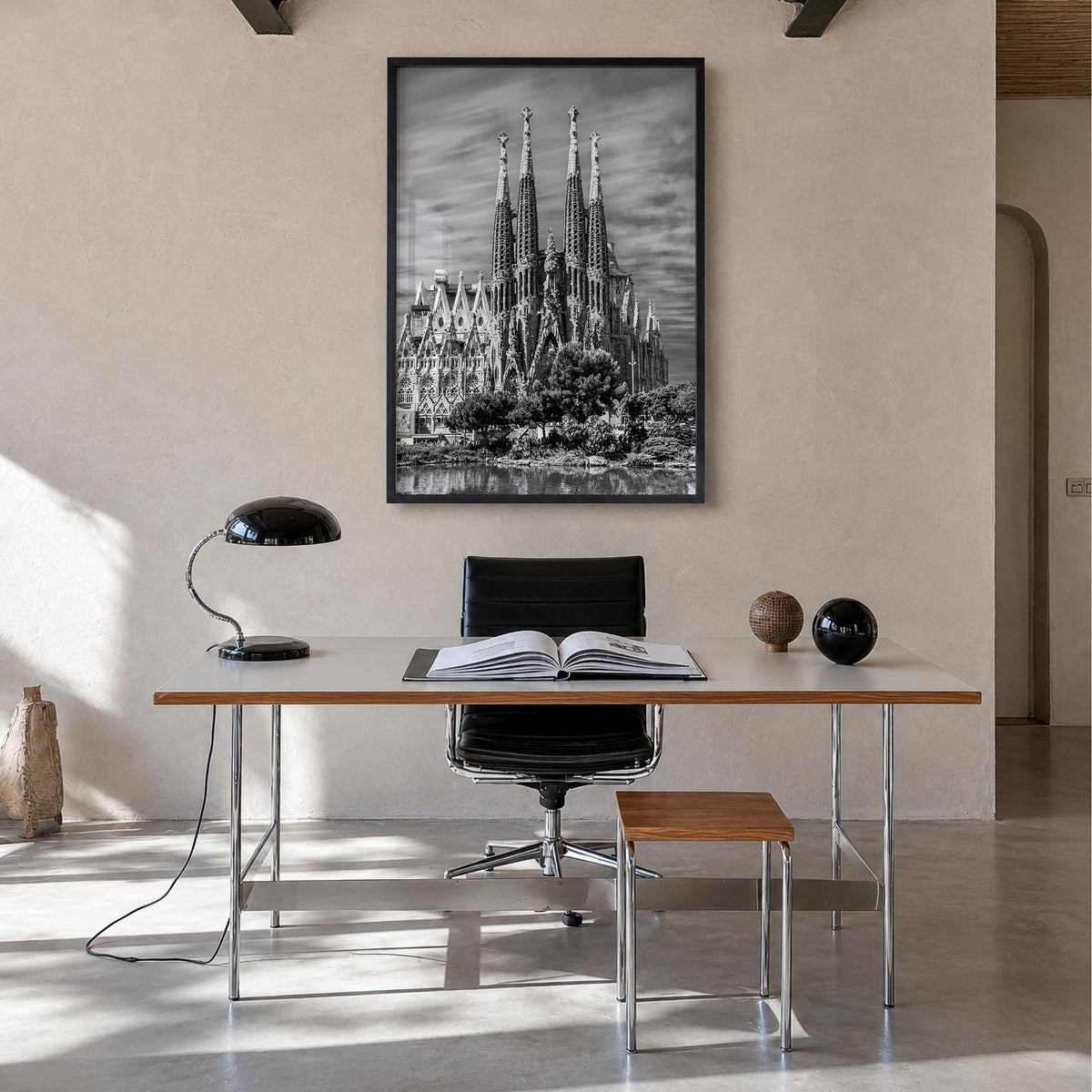 Barcelona no. 2 black & white photo poster of Spain – vertical wall art in black wood frame, hanging on wall