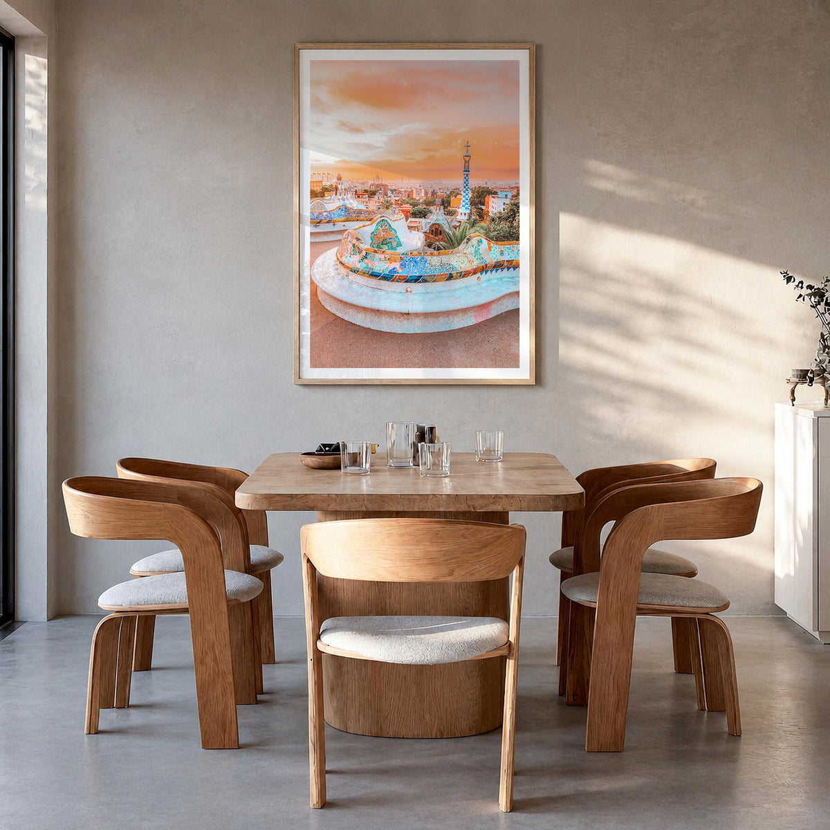 Barcelona no. 2 colorful photo poster of Spain – vertical wall art in natural wood frame with white border, hanging on wall