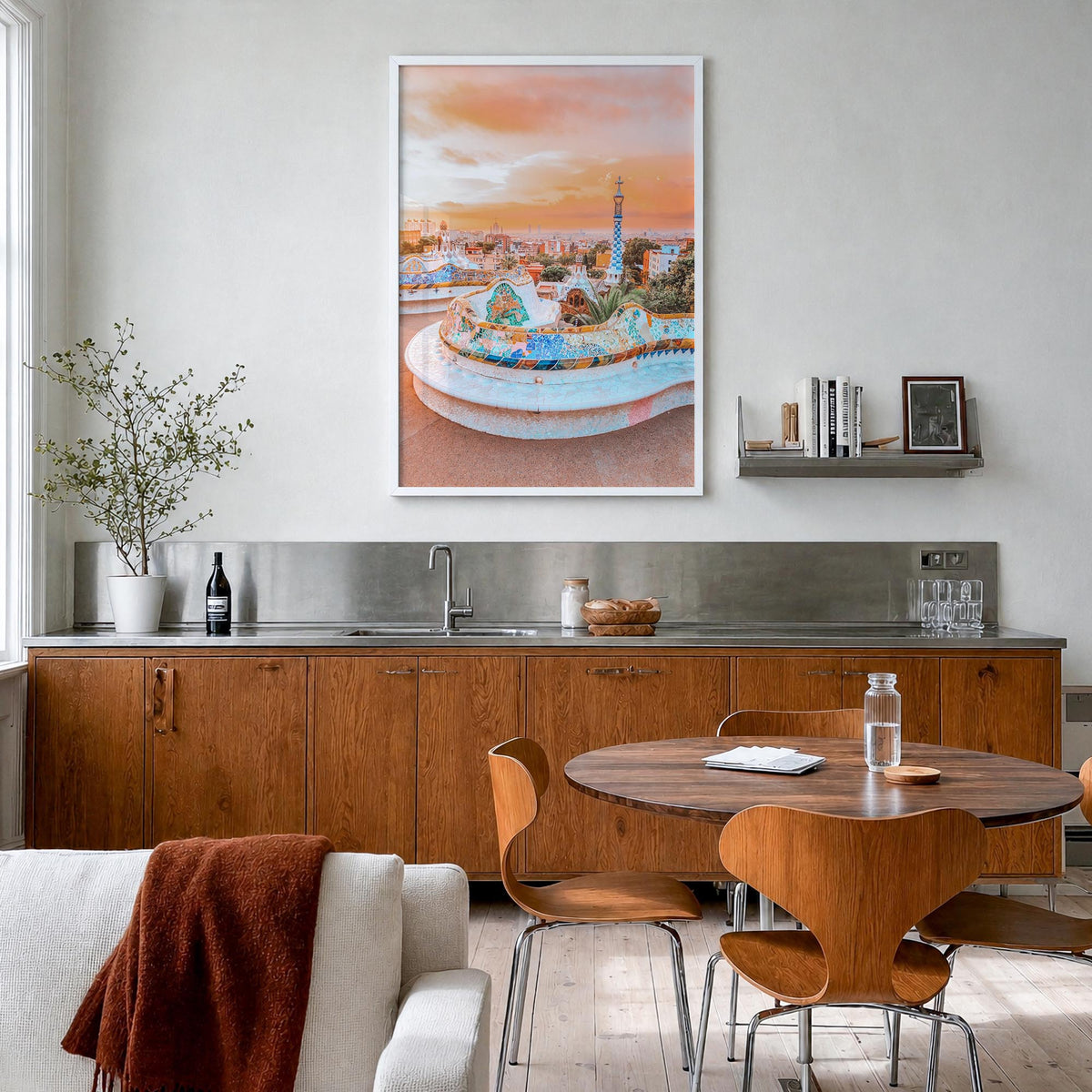 Barcelona no. 2 colorful photo poster of Spain – vertical wall art in white wood frame, hanging on wall