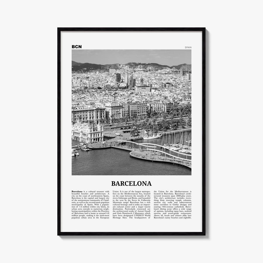 Barcelona no. 3 black & white newspaper poster of Spain – vertical wall art, unframed print shown in interior mockup