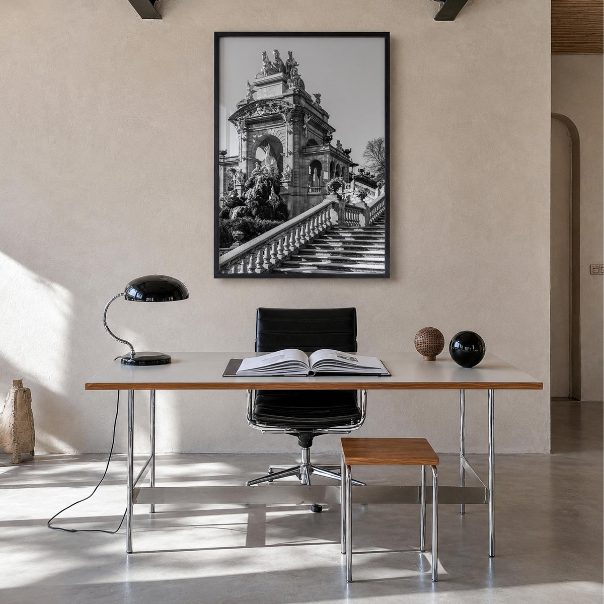 Barcelona no. 3 black & white photo poster of Spain – vertical wall art in black wood frame, hanging on wall