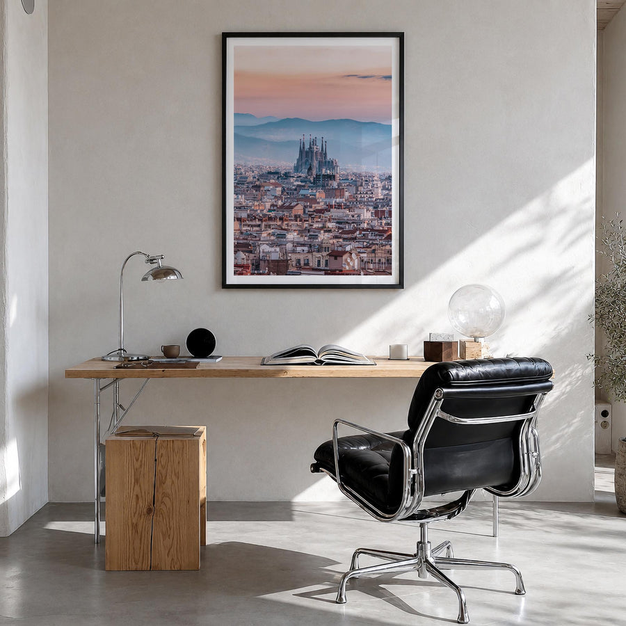 Barcelona no. 3 colorful photo poster of Spain – vertical wall art in black wood frame with white border, hanging on wall