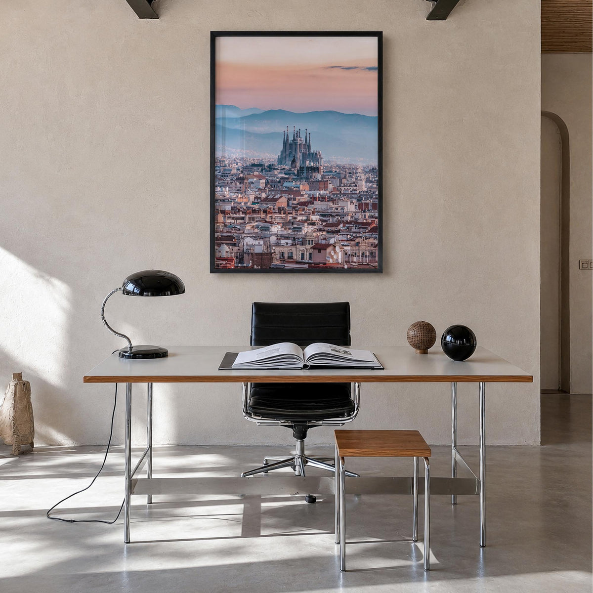 Barcelona no. 3 colorful photo poster of Spain – vertical wall art in black wood frame, hanging on wall