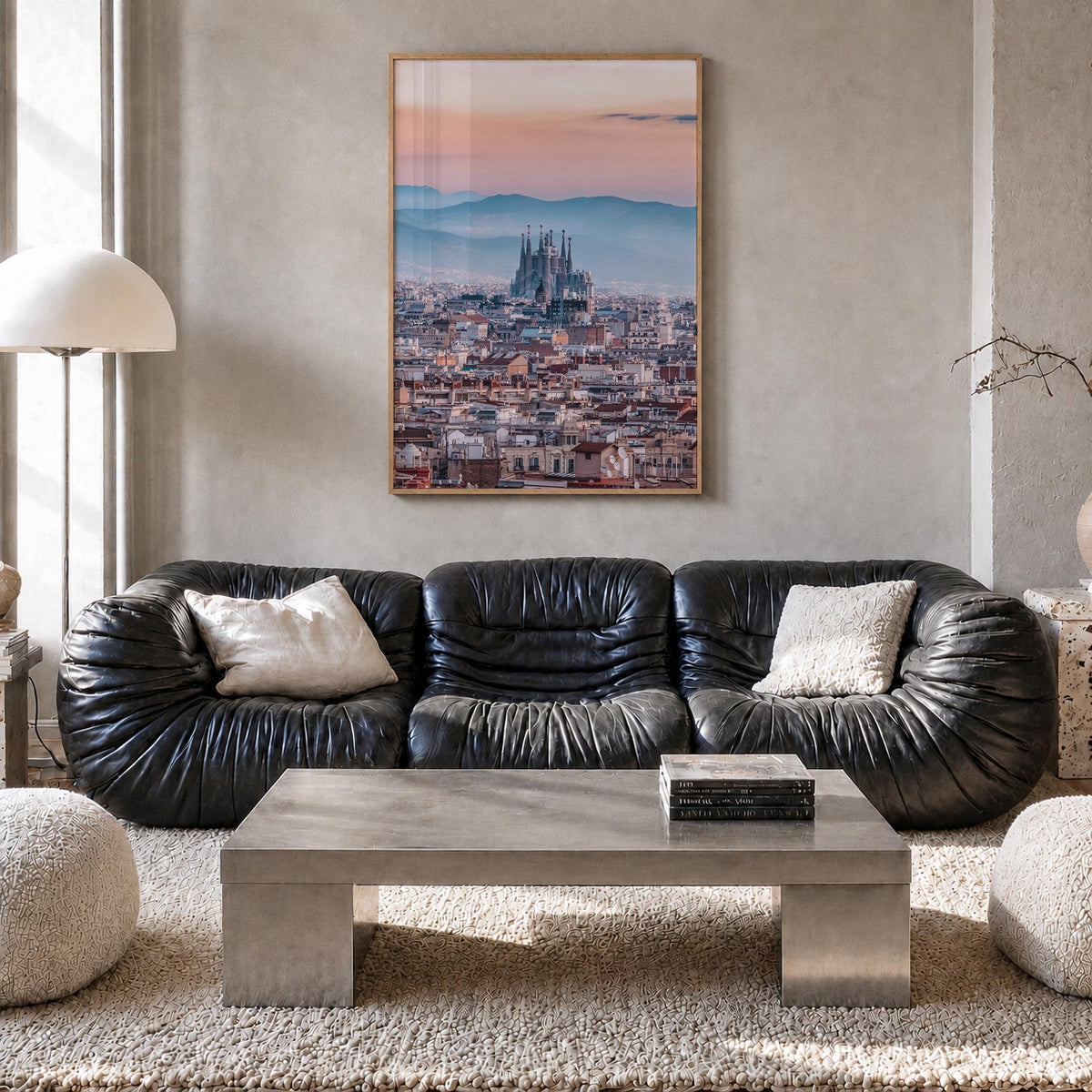 Barcelona no. 3 colorful photo poster of Spain – vertical wall art in natural wood frame, hanging on wall