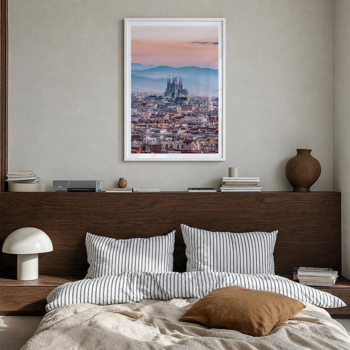 Barcelona no. 3 colorful photo poster of Spain – vertical wall art in white wood frame with white border, hanging on wall