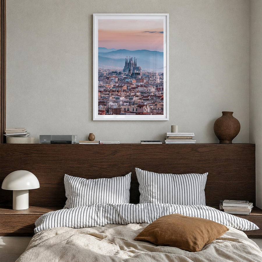 Barcelona no. 3 colorful photo poster of Spain – vertical wall art in white wood frame with white border, hanging on wall