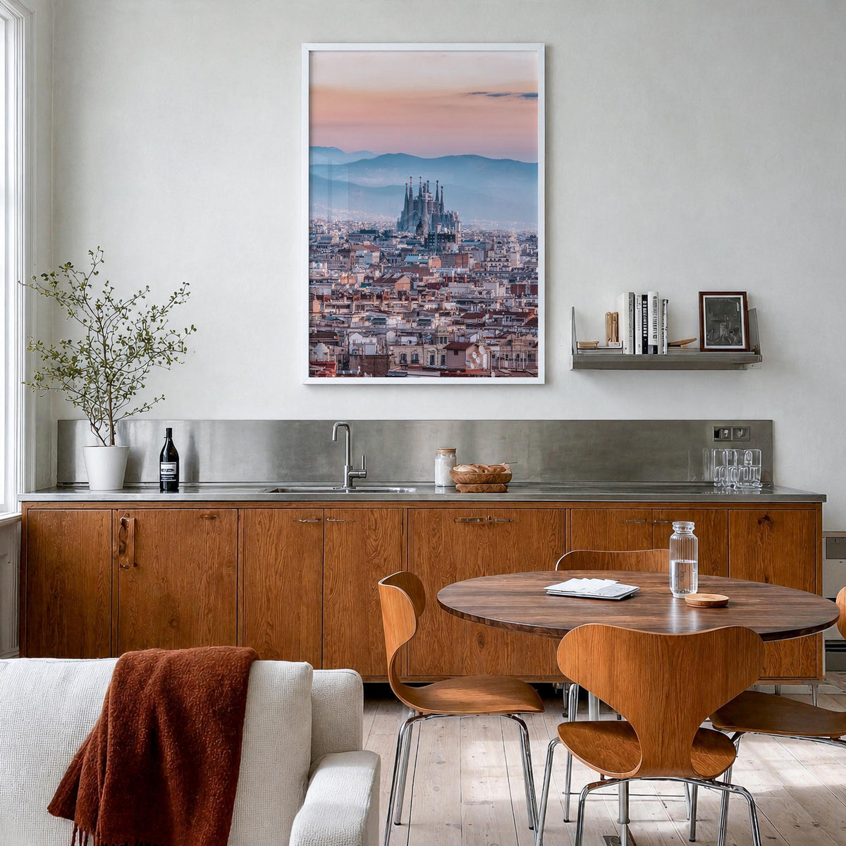 Barcelona no. 3 colorful photo poster of Spain – vertical wall art in white wood frame, hanging on wall