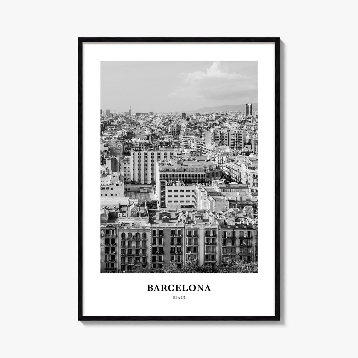 Barcelona no. 4 black & white classic poster of Spain – vertical wall art, unframed print shown in interior mockup