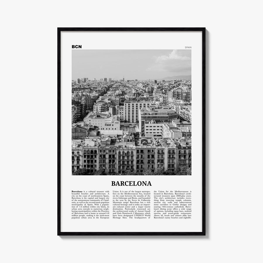 Barcelona no. 4 black & white newspaper poster of Spain – vertical wall art, unframed print shown in interior mockup