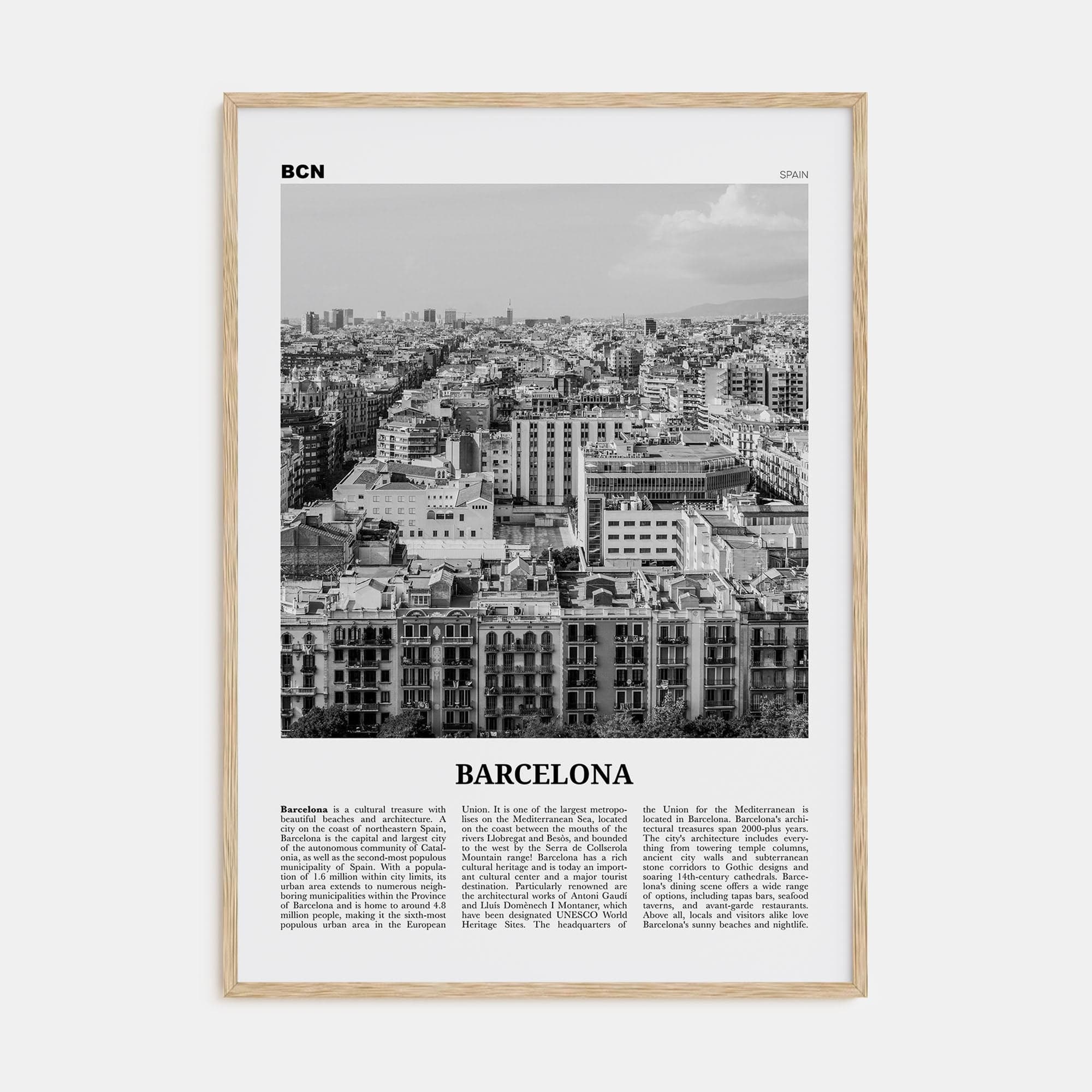 Barcelona No 4 Poster Natural Wood / 8x12 in Nbourhood Travel B&W Poster