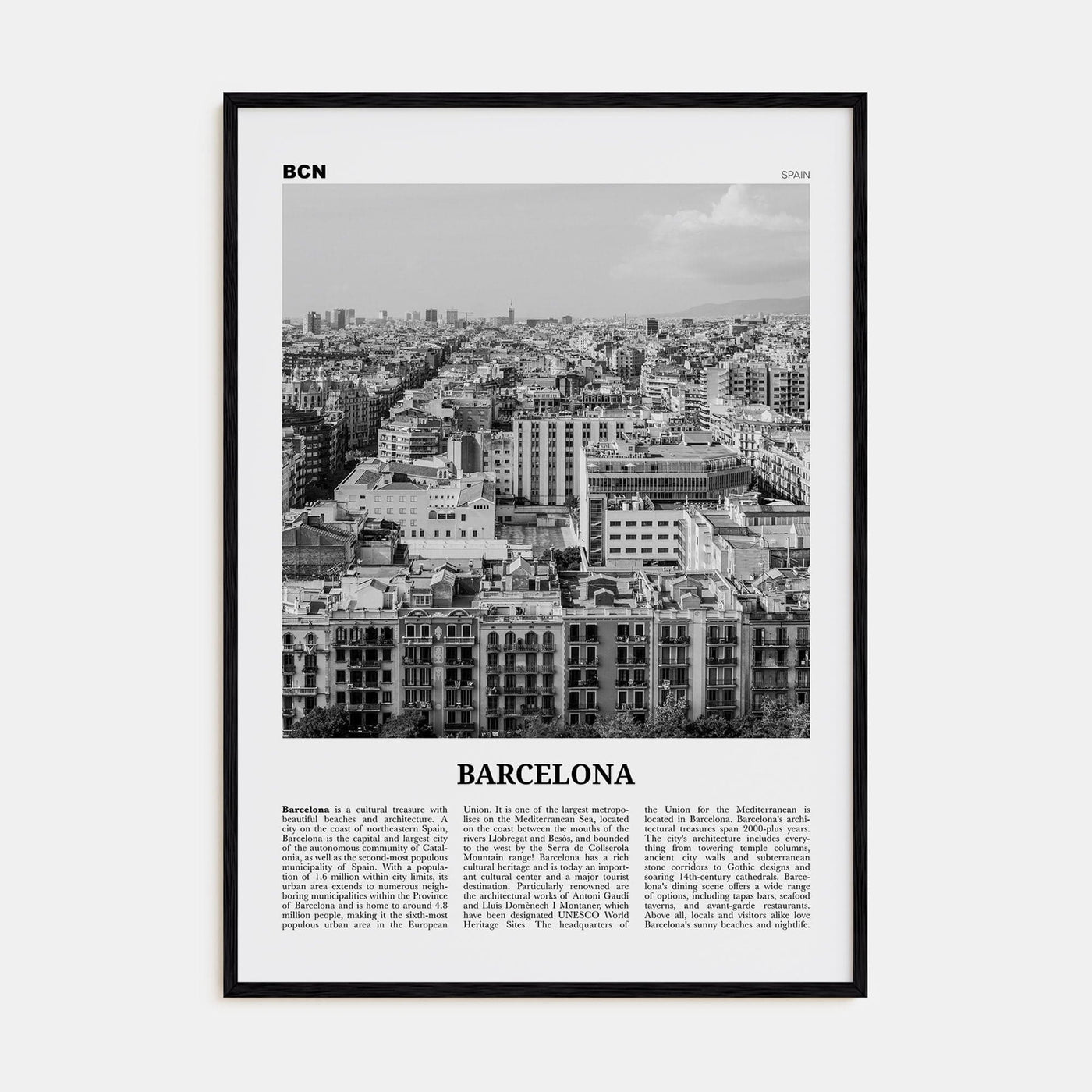 Barcelona No 4 Poster Black Wood / 8x12 in Nbourhood Travel B&W Poster