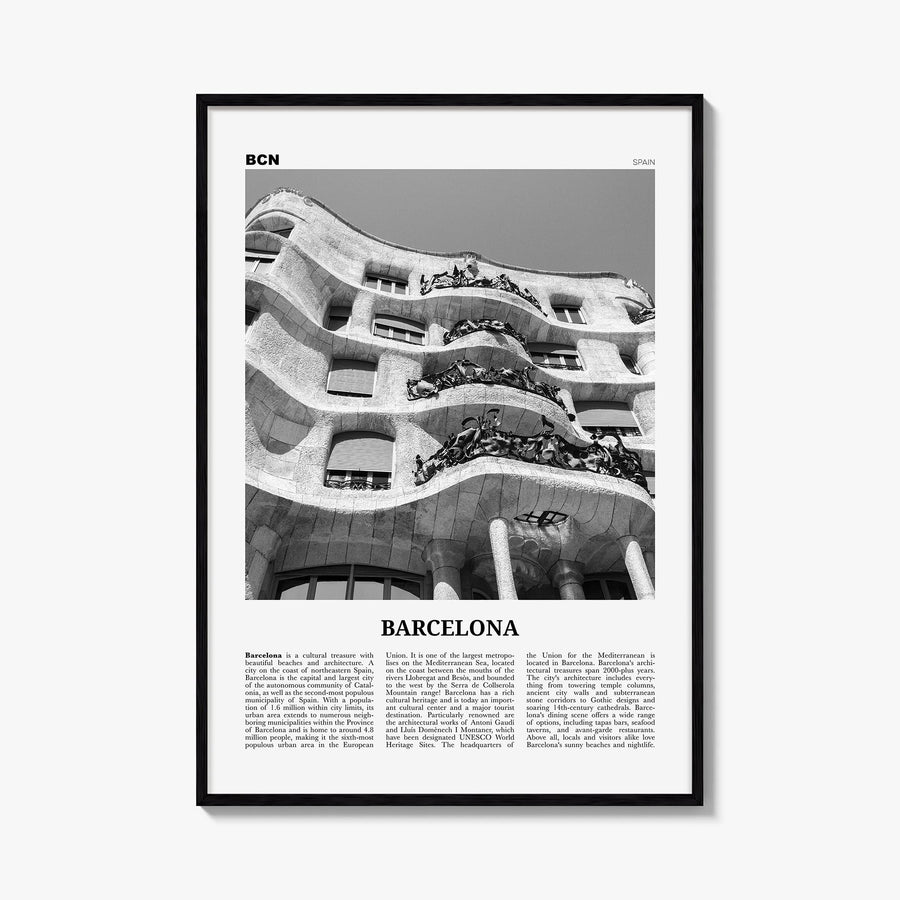 Barcelona no. 5 black & white newspaper poster of Spain – vertical wall art, unframed print shown in interior mockup