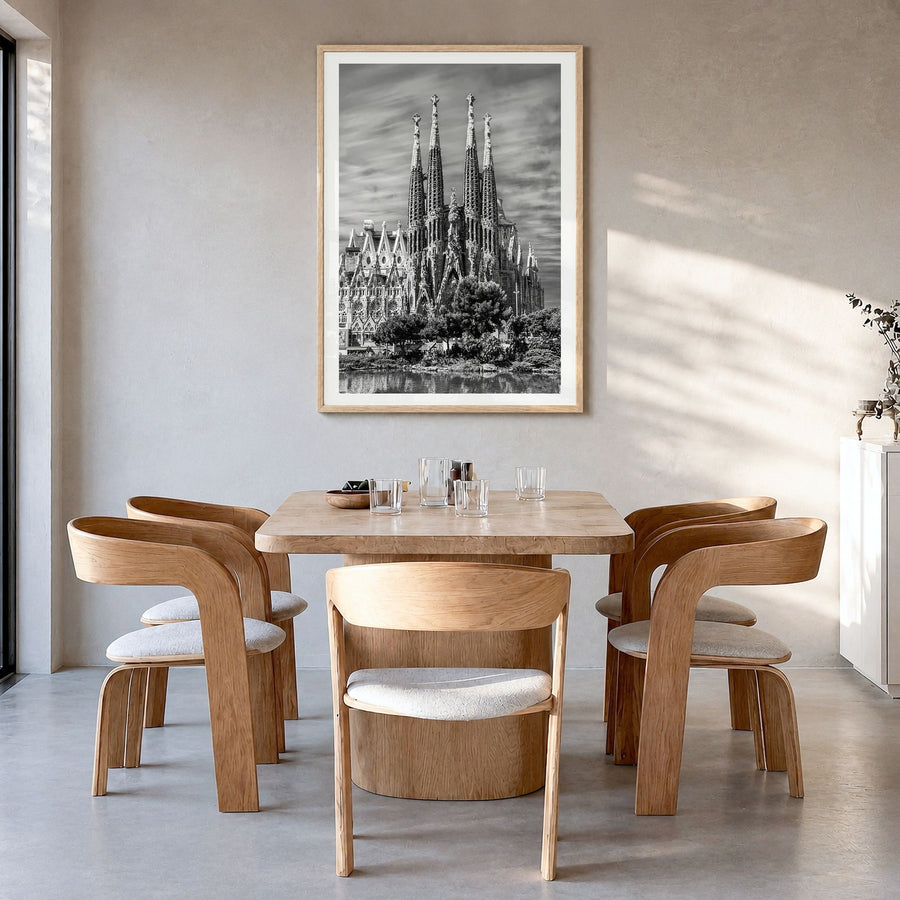 Barcelona Photo No 2 Poster in a natural wood frame, hanging in a dining room, white border
