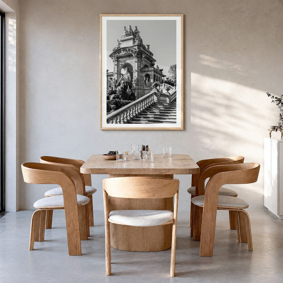 Barcelona Photo No 3 Poster in a natural wood frame, hanging in a dining room, white border