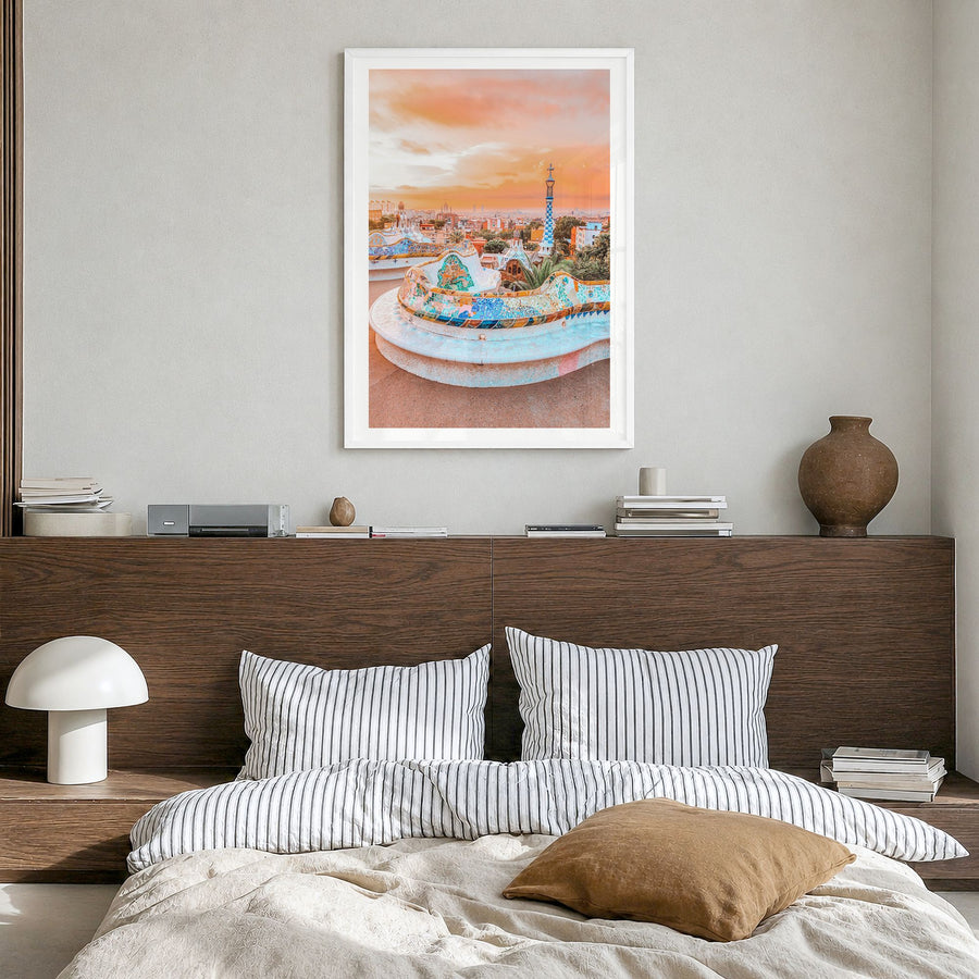 Barcelona Photo No 2 Poster in a white wood frame, hanging in a bedroom, white border