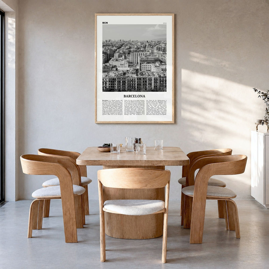Barcelona Newspaper No 4 Poster in a natural wood frame, hanging in a dining room