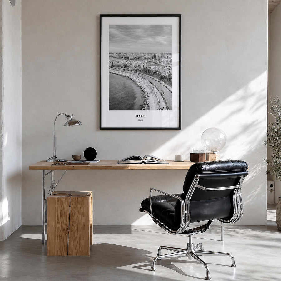 Bari black & white classic poster of Italy – vertical wall art in black wood frame, hanging on wall