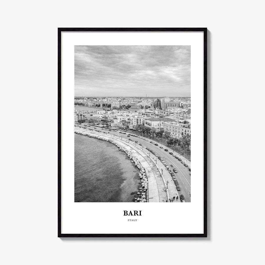 Bari black & white classic poster of Italy – vertical wall art, unframed print shown in interior mockup