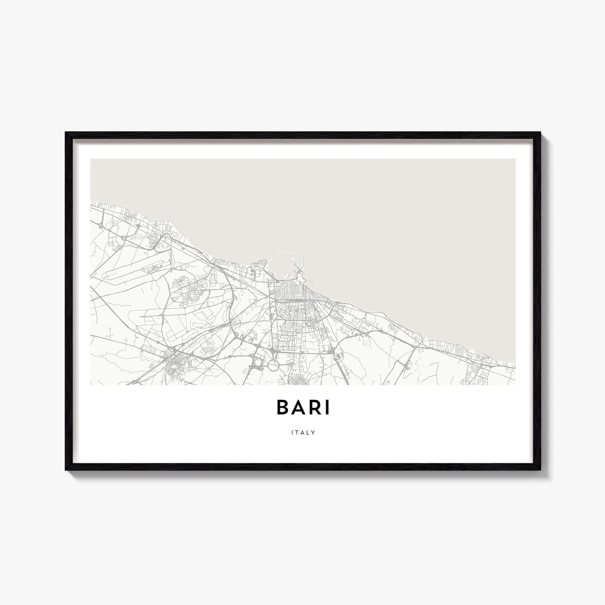Bari black & white map poster of Italy – horizontal wall art, unframed print shown in interior mockup