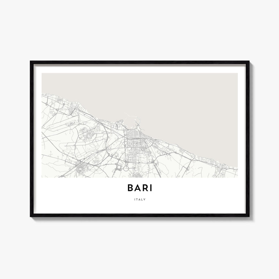 Bari black & white map poster of Italy – horizontal wall art, unframed print shown in interior mockup