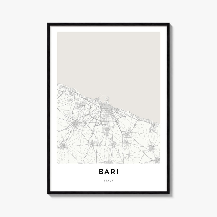 Bari black & white map poster of Italy – vertical wall art, unframed print shown in interior mockup