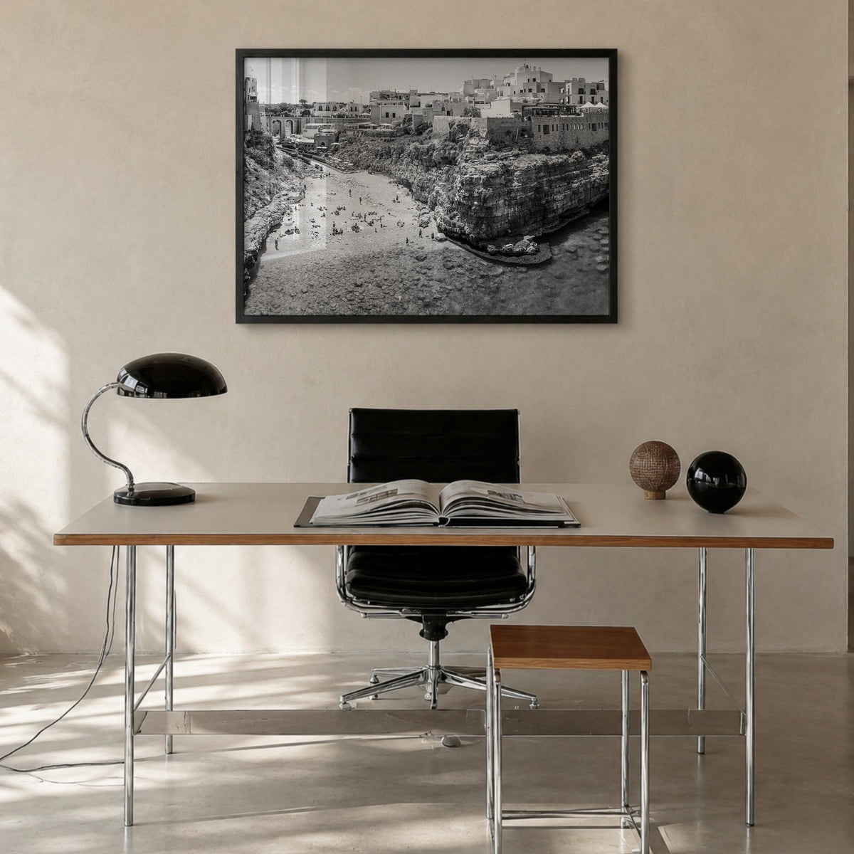 Bari black & white photo poster of Italy – horizontal wall art in black wood frame, hanging on wall