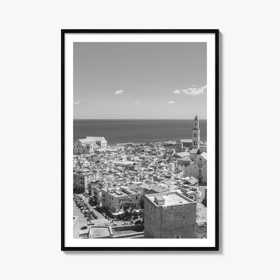 Bari black & white photo poster of Italy – vertical wall art, unframed print shown in interior mockup