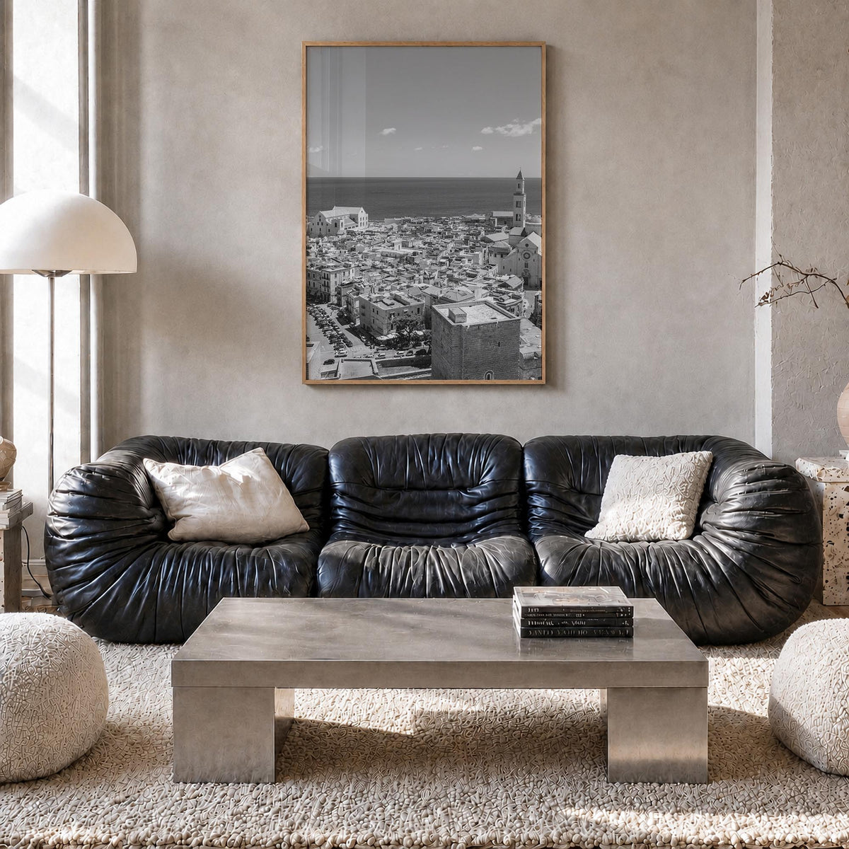 Bari black & white photo poster of Italy – vertical wall art in natural wood frame, hanging on wall