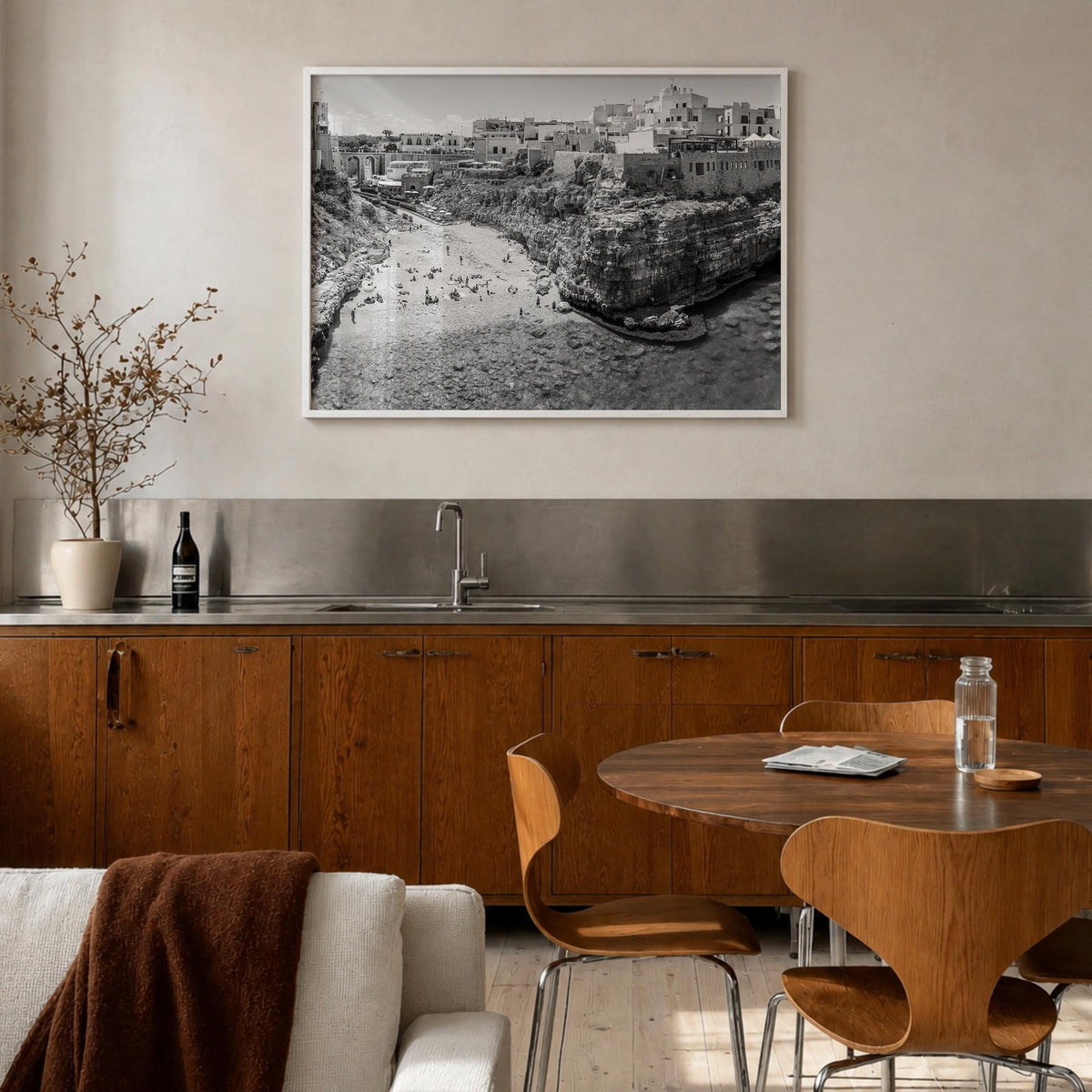 Bari black & white photo poster of Italy – horizontal wall art in white wood frame, hanging on wall